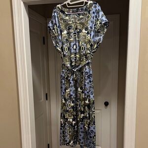 Ella by Rafaella Elegant Blue and Green Patterned V-Neck Dress